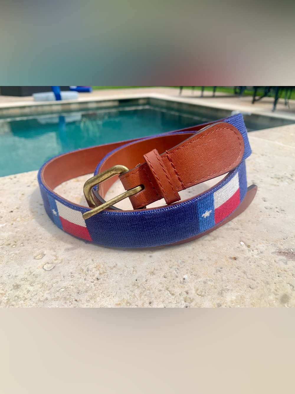 Smathers & Branson Hand Stitched Needlepoint Belt Sz 40 Texas Flag